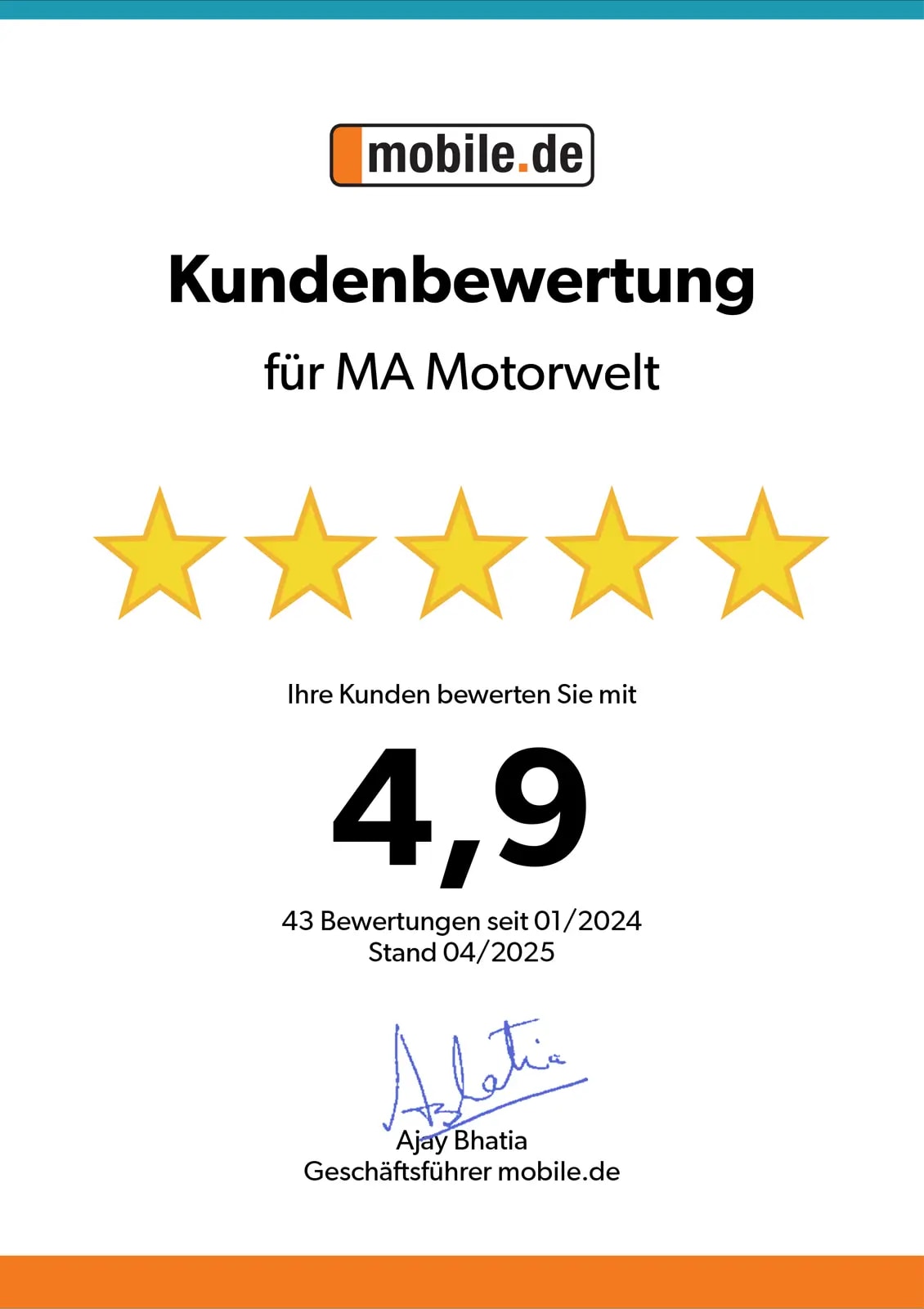 mobile.de-Kundenbewertung für MA Motorwelt: 4,9 von 5 Sternen bei 43 Bewertungen seit 01/2024, Stand 04/2025